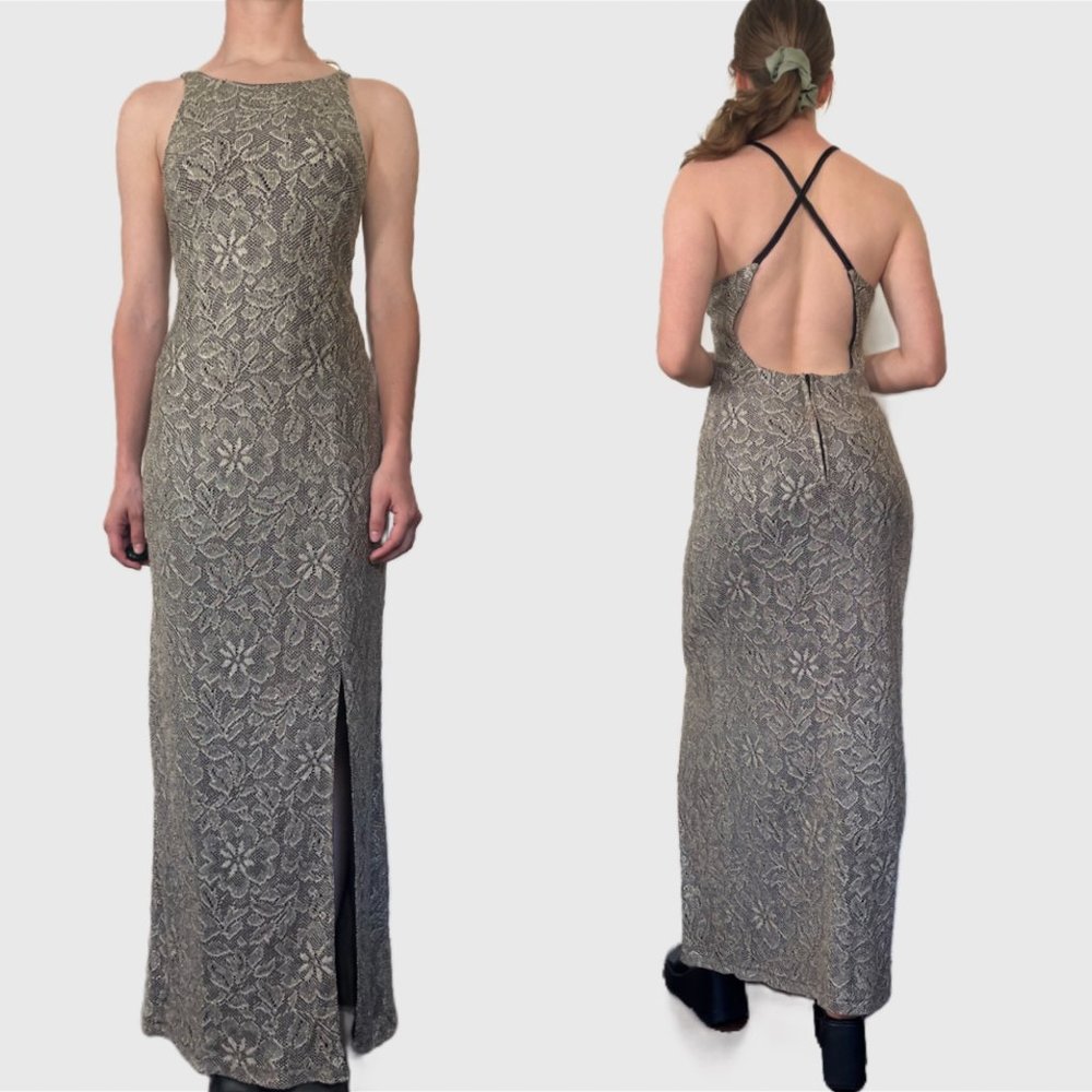 Vintage 90s Formal Gown, 1990s Gold Silver Metallic Sexy Prom Dress
